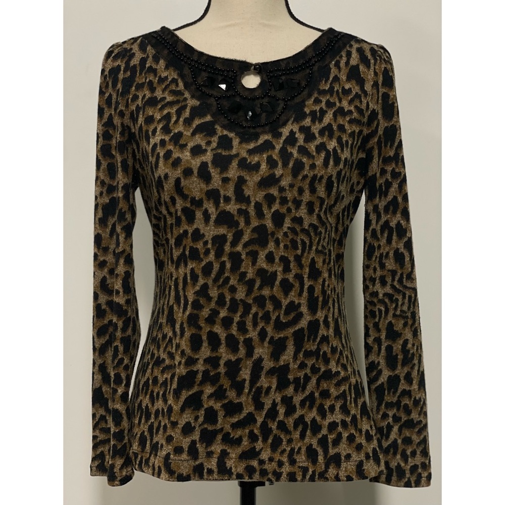 East 5th Leopard Print Top w/ Beaded Embellishments Brown & Black Petite Size PS